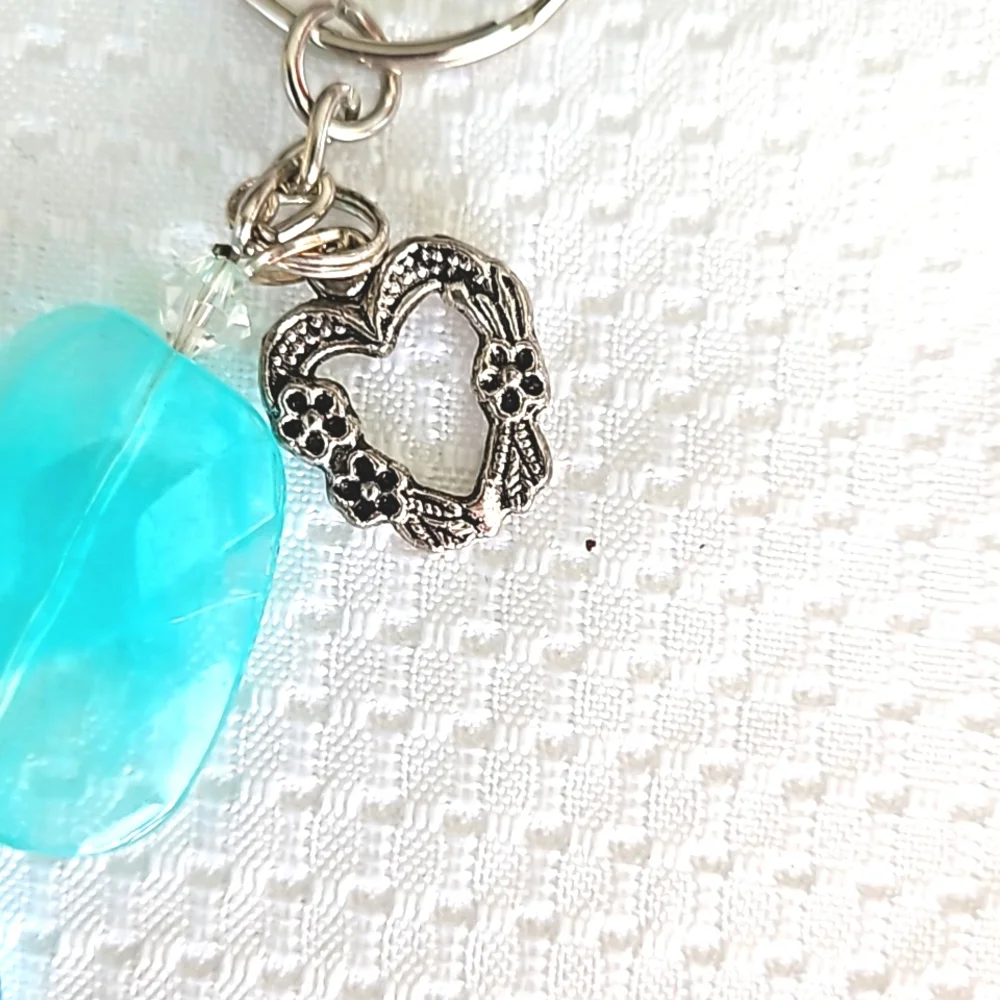 Romantic Sparkling Heart Charm Keychain with Blue Beads Handmade